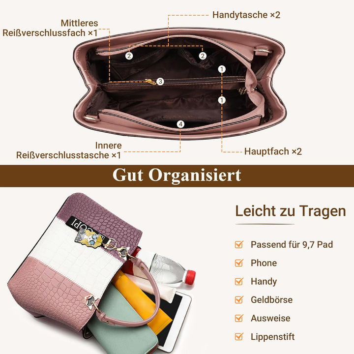 DIRRONA Elegant Damen Handtasche Farbblock Design Schultertasche Gross Kapazität Umhängetasche Beilä
