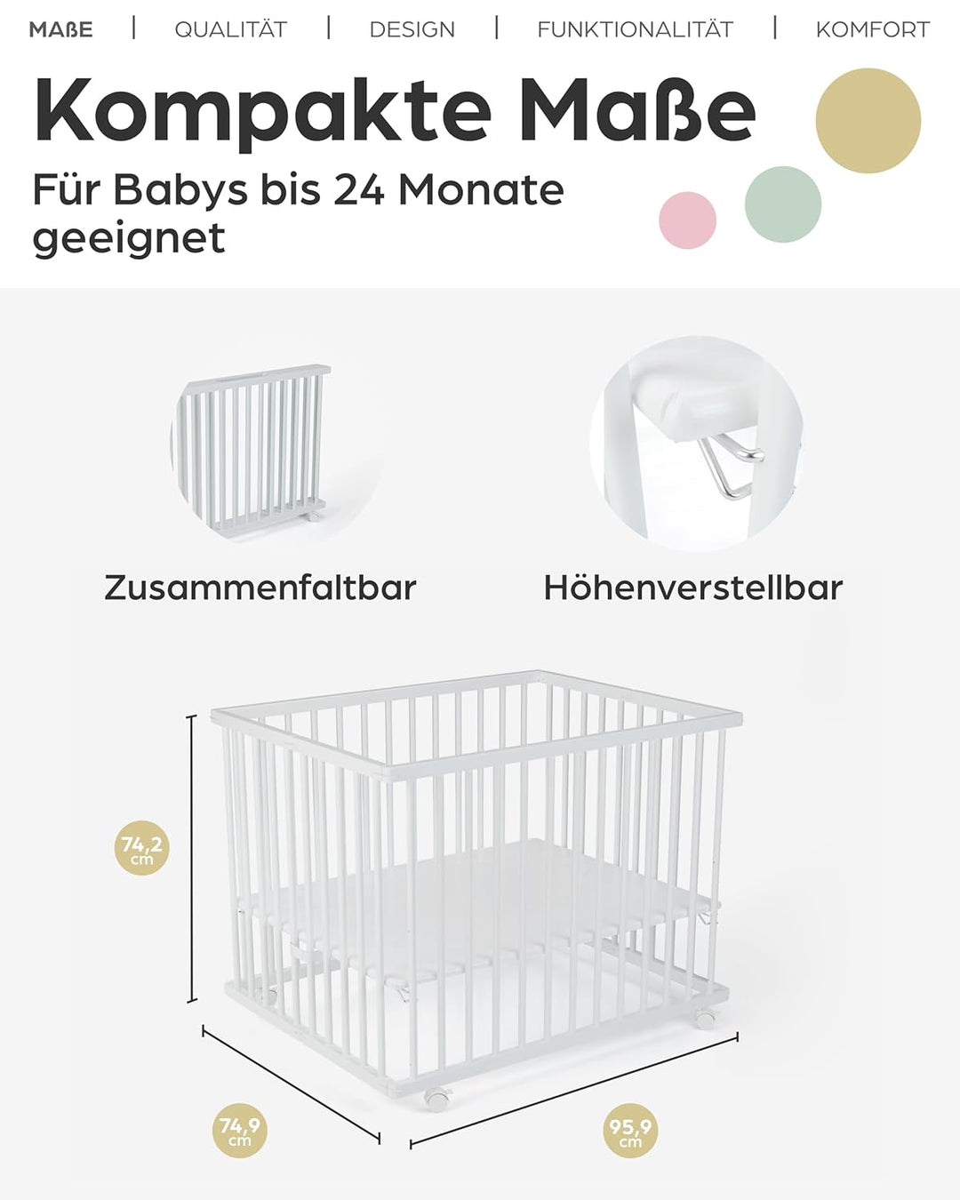 Laufgitter Baby Leon, 75x95 cm, 3-fach höhenverstellbar, schadstoffrei in Holz Weiss I Mobiler Laufs