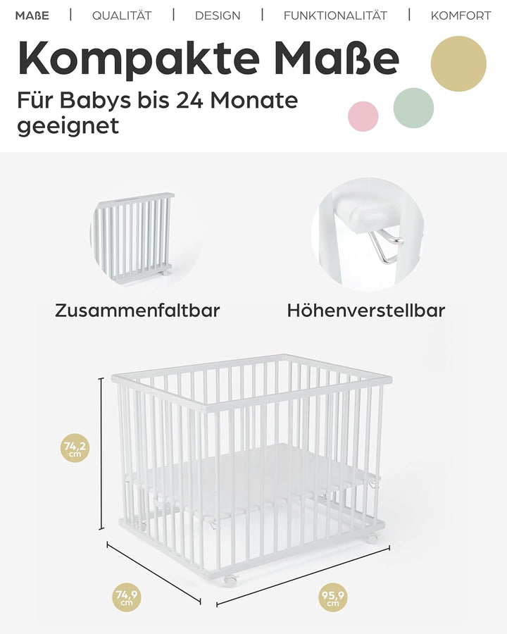 Laufgitter Baby Leon, 75x95 cm, 3-fach höhenverstellbar, schadstoffrei in Holz Weiss I Mobiler Laufs