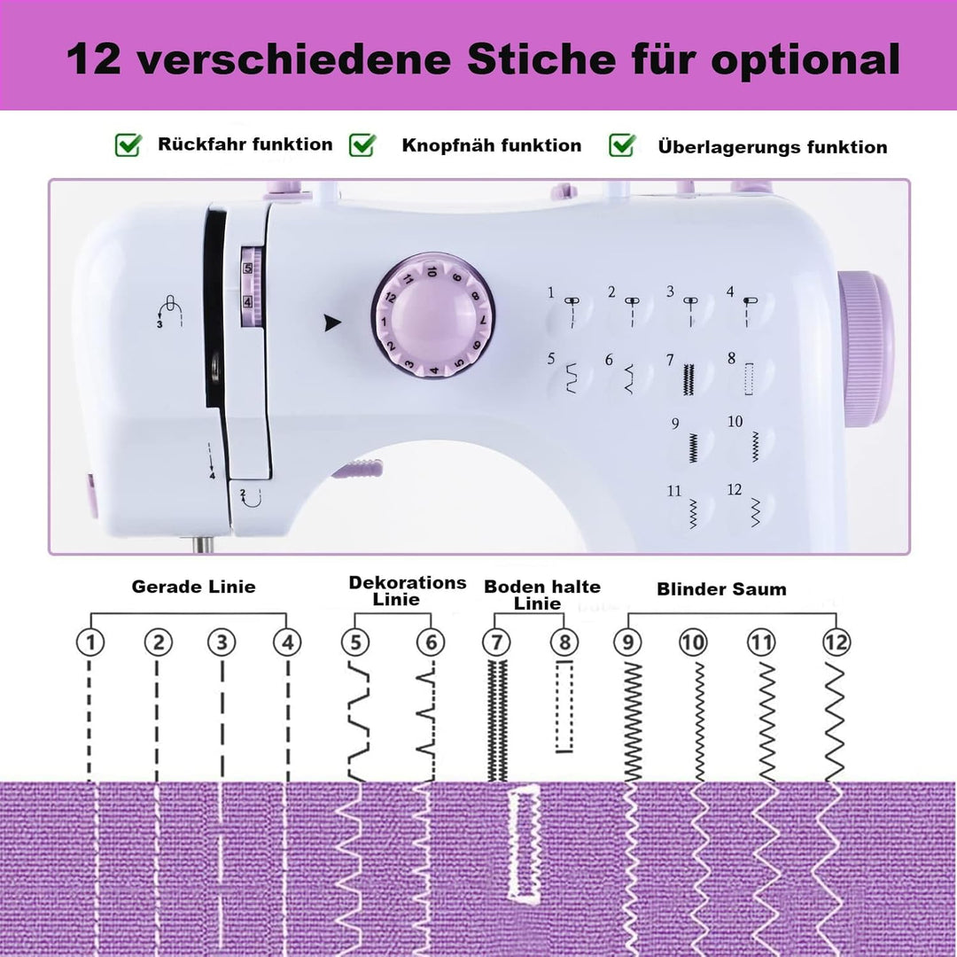 Nähmaschine für Einsteiger mit 2-fach Doppelfaden/Nähen mit 12 eingebauten Nähten/Mini Nähmaschine/H