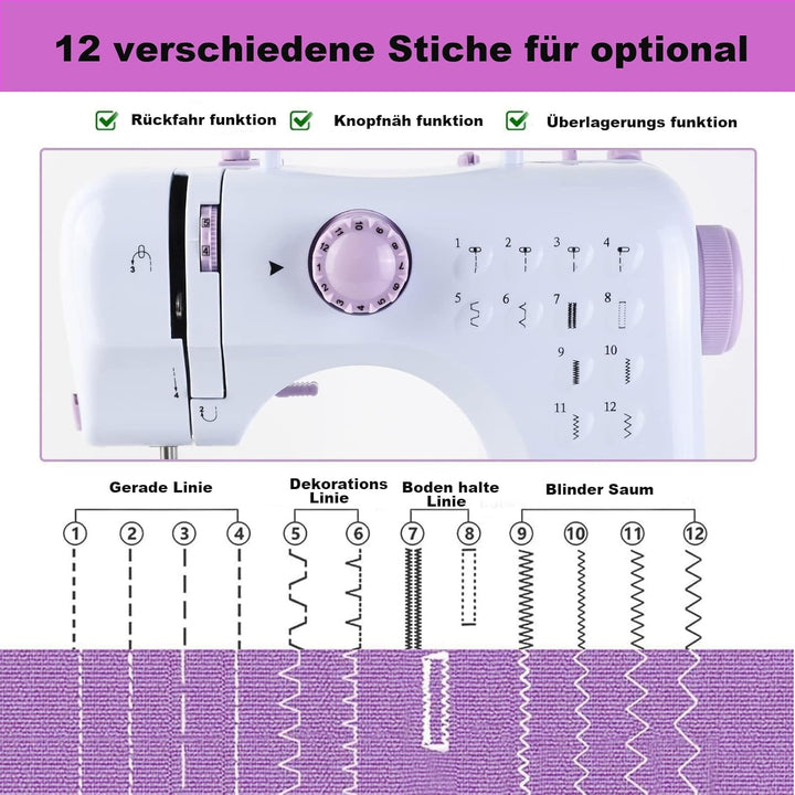 Nähmaschine für Einsteiger mit 2-fach Doppelfaden/Nähen mit 12 eingebauten Nähten/Mini Nähmaschine/H
