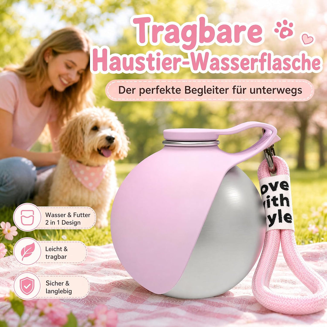 Tragbare Trinkflasche Hunde für Unterwegs, 285ml Edelstahl Hundetrinkflasche mit Faltbarem Silikonna