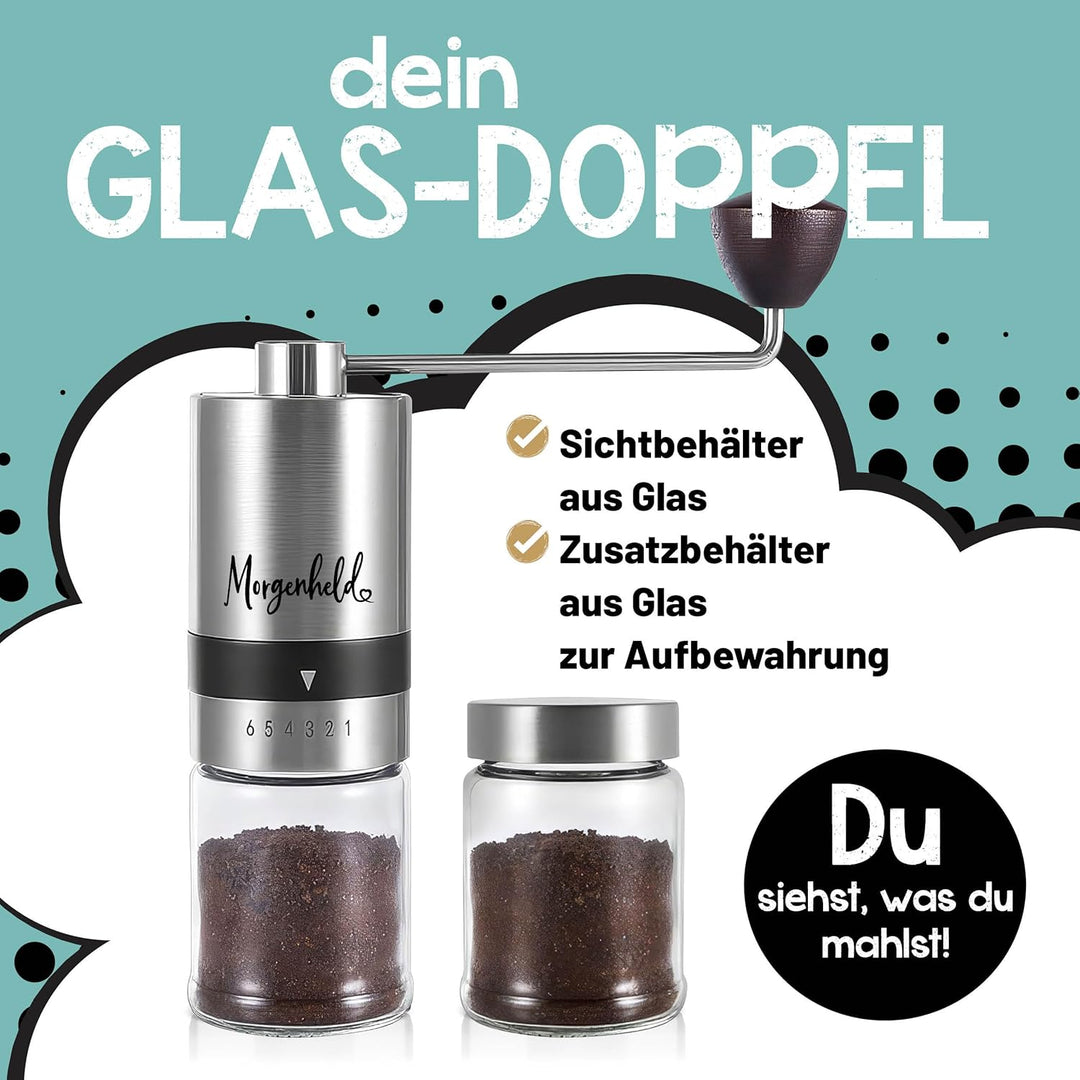 Kaffeemühle manuell aus Edelstahl 2 Glas Behälter – 6 Mahlgrade (Espresso bis Cold Brew) – Handkaffe