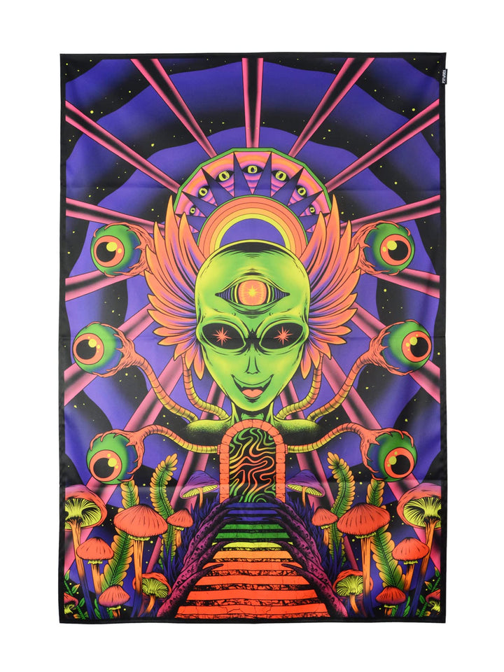 PSYWORK Schwarzlicht Stoffposter Neon | Alien Godness | 1,0 x 1,5m | UV-aktiv | fluoreszierend | Wan