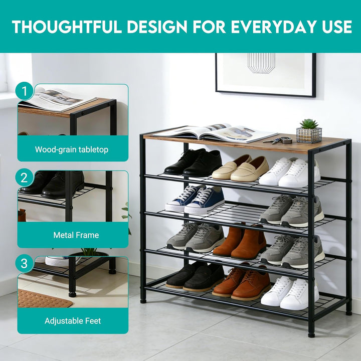 Schuhregal, Schuhregal 5 Ebenen mit Sitzgelegenheit, Metall-Schuhablage für Kleiderschrank, Flur, Ei
