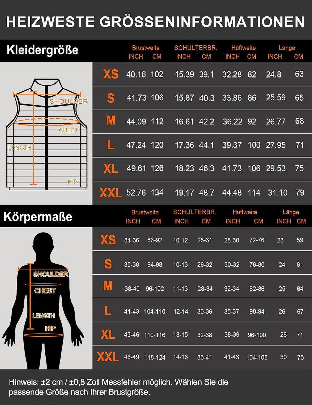 Beheizbare Weste für Damen und Herren, Beheiztes Gilet mit 15 Heizpads, beheizter Körperwärmer für O