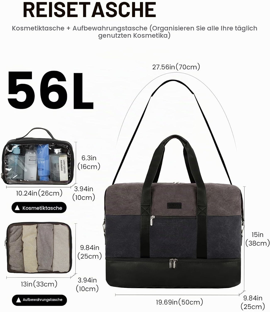LOVEVOOK Reisetasche Weekender Herren Gross, 56L Handgepäck Tasche Für Flugzeug, Sporttasche Duffle