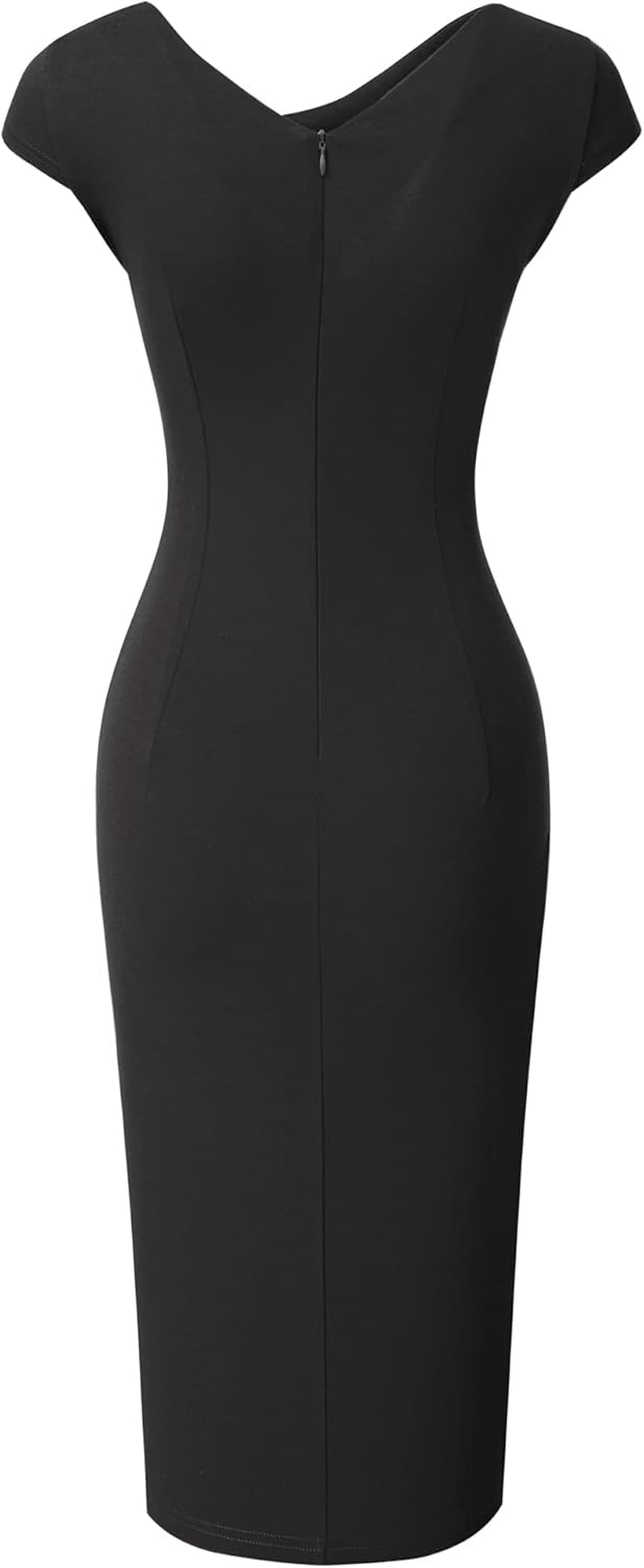 HOMEYEE Damen Vintage V-Ausschnitt Bodycon Business Bleistiftkleid mit Schlitz B700, S Schwarz