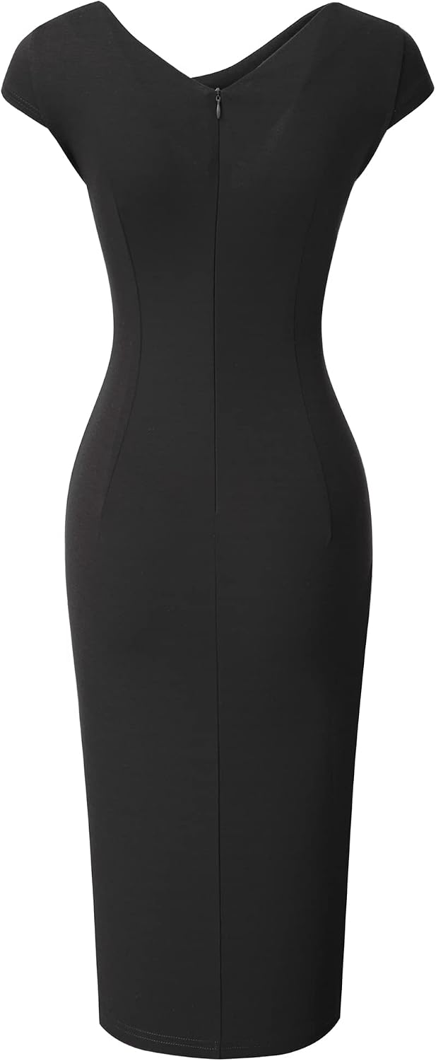HOMEYEE Damen Vintage V-Ausschnitt Bodycon Business Bleistiftkleid mit Schlitz B700, M Schwarz