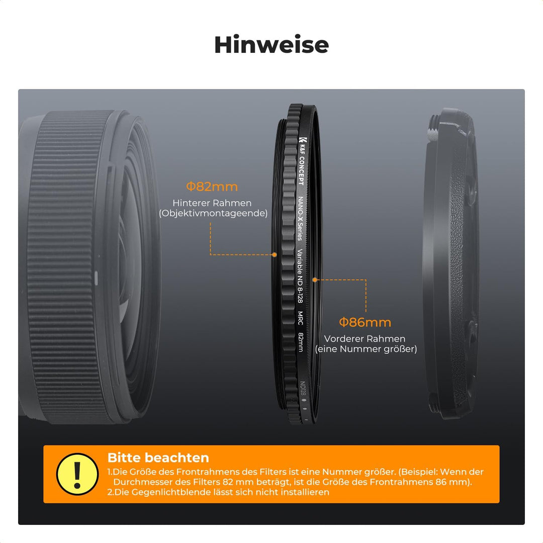 K&F Concept Nano-X Variable ND Filter 72mm Slim Variabler Graufilter ND8-128 (3-7 Stop) Neutral Grau