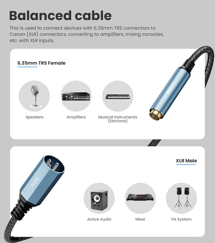 Tisino 6,3mm Klinke auf XLR Kabel, 30cm symmetrisches 6,35mm Buchse auf XLR Stecker Stereo Audio Ada