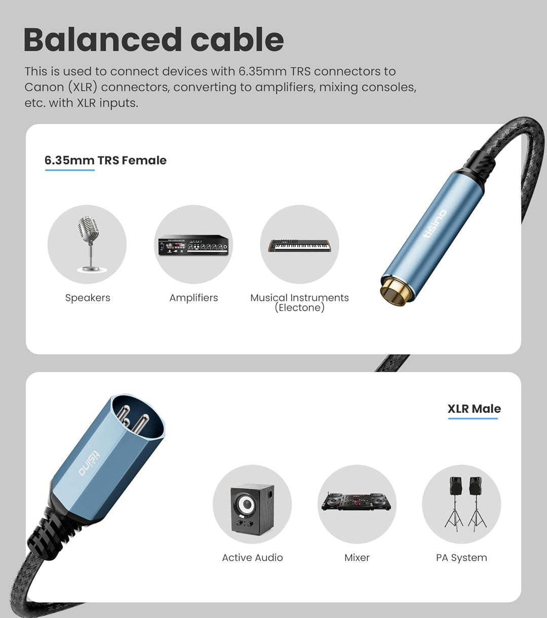 Tisino 6,3mm Klinke auf XLR Kabel, 1,5m symmetrisches 6,35mm Buchse auf XLR Stecker Stereo Audio Ada