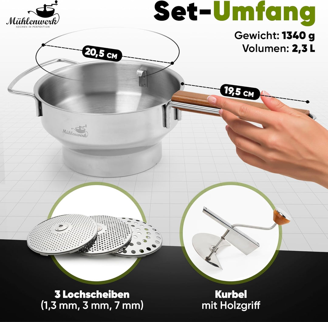 𝐌Ü𝐇𝐋𝐄𝐍𝐖𝐄𝐑𝐊 Passiermühle Edelstahl inkl. 3 Passiersieb-Einlagen [naturreines Eichenholz] 2,3 L Füllvo