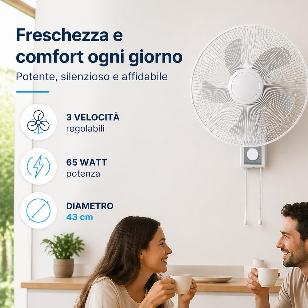 BAKAJI Wandventilator mit Gitter 43 cm, 5 Flügel, 3 wählbare Geschwindigkeitsstufen, 65 Watt Leistun