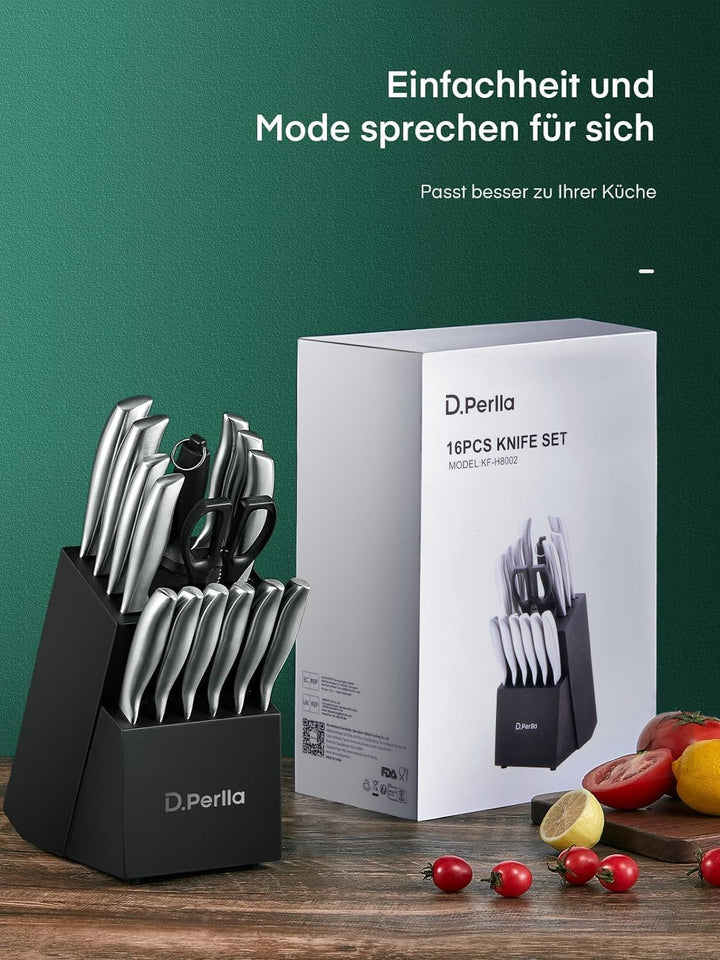 D.Perlla Messerblock Messer Set 16-TLG, Edelstahl Kochmesser Set mit Holzblock,
