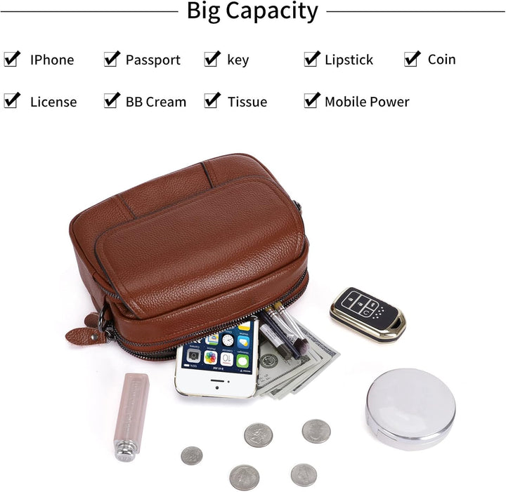 HAWEE Damen Handy Umhängetasche Echtes Leder Crossbody Schultertasche mit 3 Reissverschlüsse Kleine