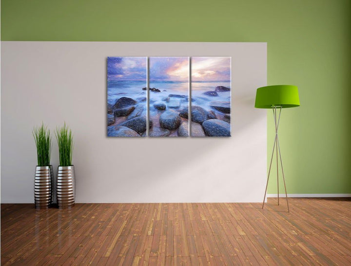 Pixxprint Romantisches Meer Bunstift Effekt 3-Teiler Leinwandbild 120x80 Bild auf Leinwand