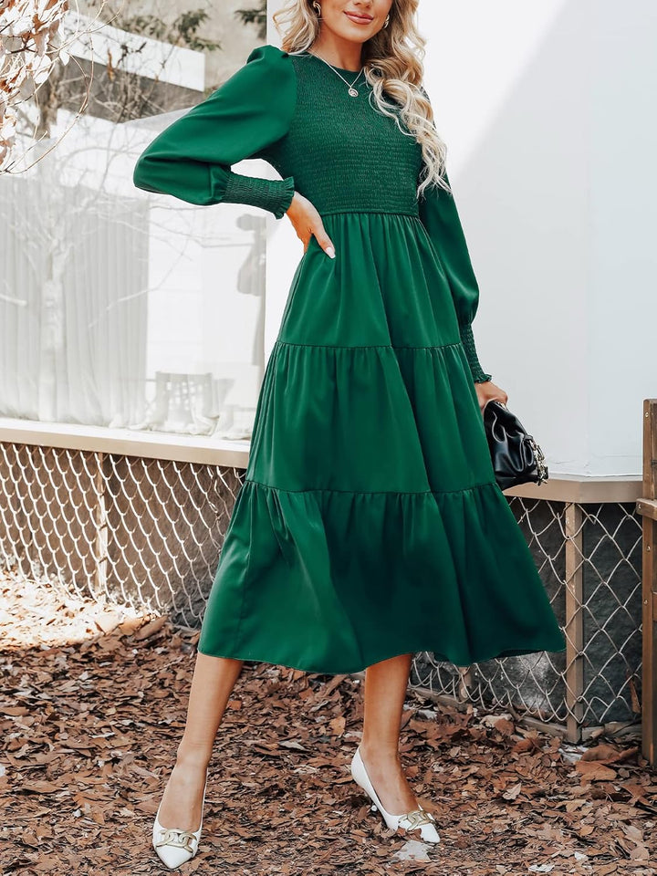 CUPSHE Damen Kleid Rundhals Langarm Gestuftes Rüschensaum Hohe Taille Gesmoktes Maxikleid A Linien F