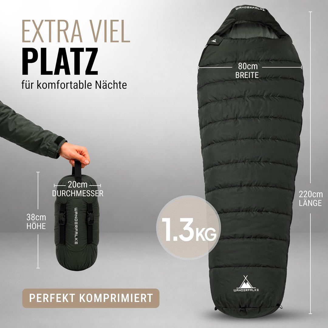 WANDERFALKE® Premium Schlafsack Erwachsene (Alpinist/Wanderer), 3-4 Jahreszeiten (480GSM) &amp; Sommersc