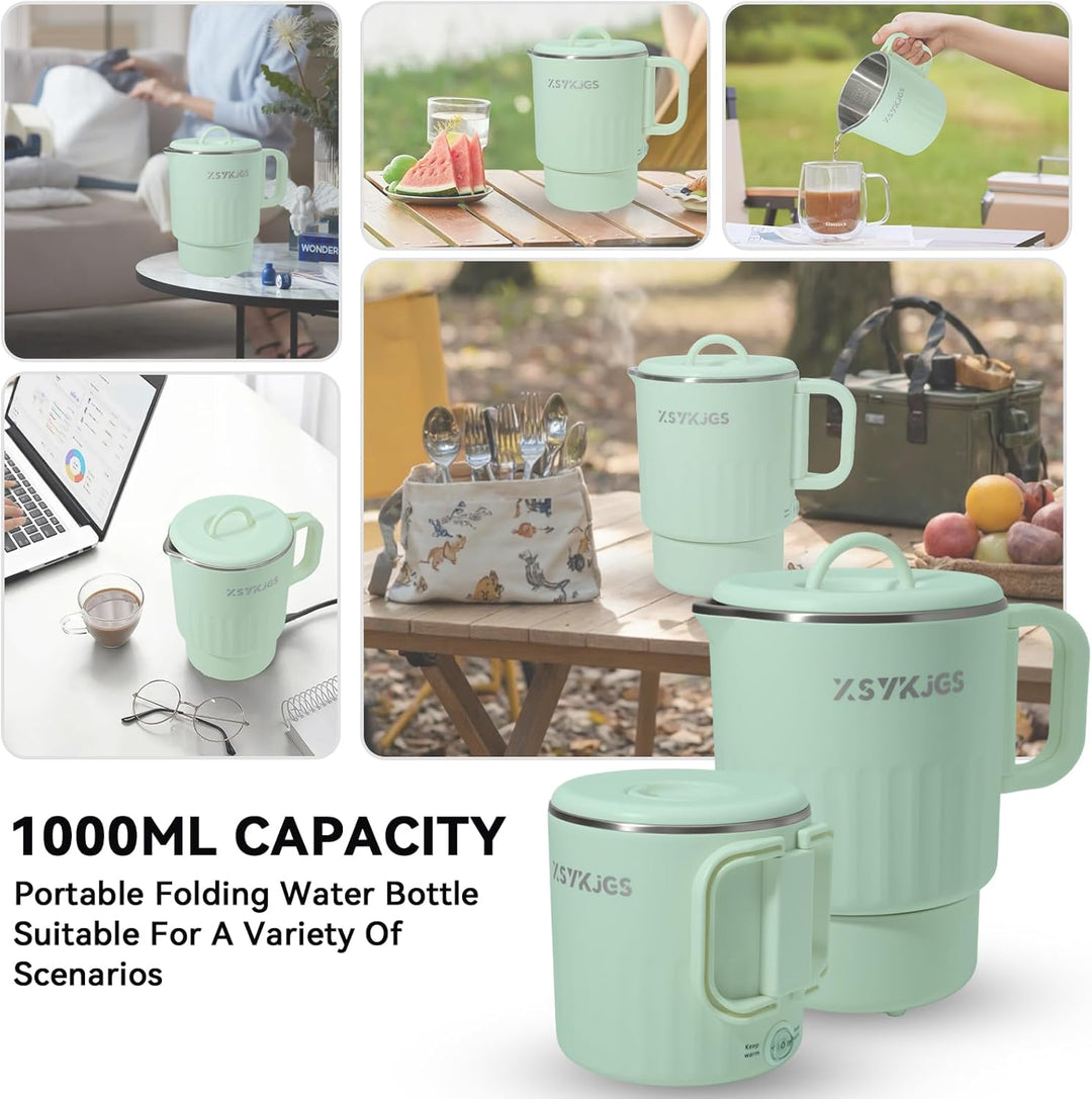 Faltbarer Wasserkocher 1L Grün Reise Camping Wasserkessel - 600W 304 Edelstahl Elektrischer Wasserko