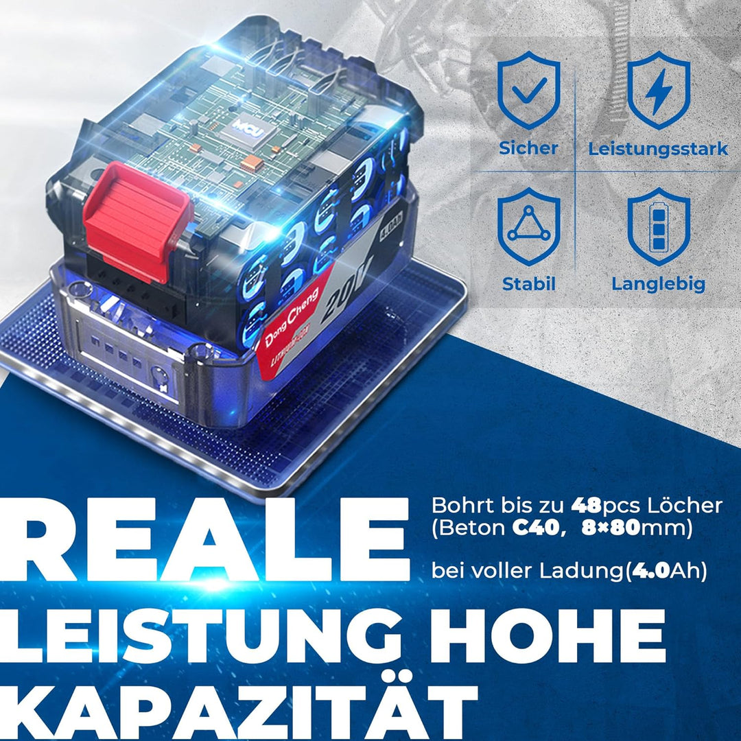 DongCheng Akku Bohrhammer 18V, Schlagenergie 2.7 J, mit 4 Stück SDS-plus, Bohren bis 28 mm, Bürstenl