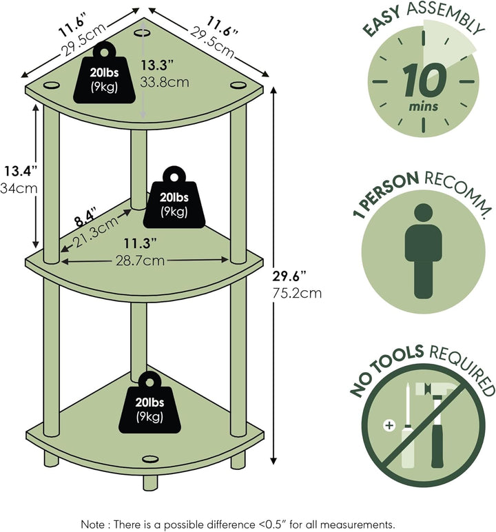 Furinno kompaktes Eck-Mehrzweck-Regal mit 3 Ebenen, Buche/Weiss, 29.46 x 29.46 x 75.18 cm Buche/Weis