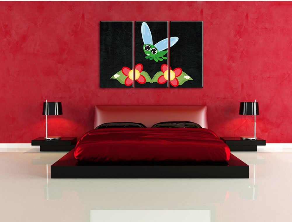 Pixxprint süsse Libelle mit Blumen als Leinwandbild/Grösse: 3 Teilig (120x80) cm/Wandbild/Kunstdruck
