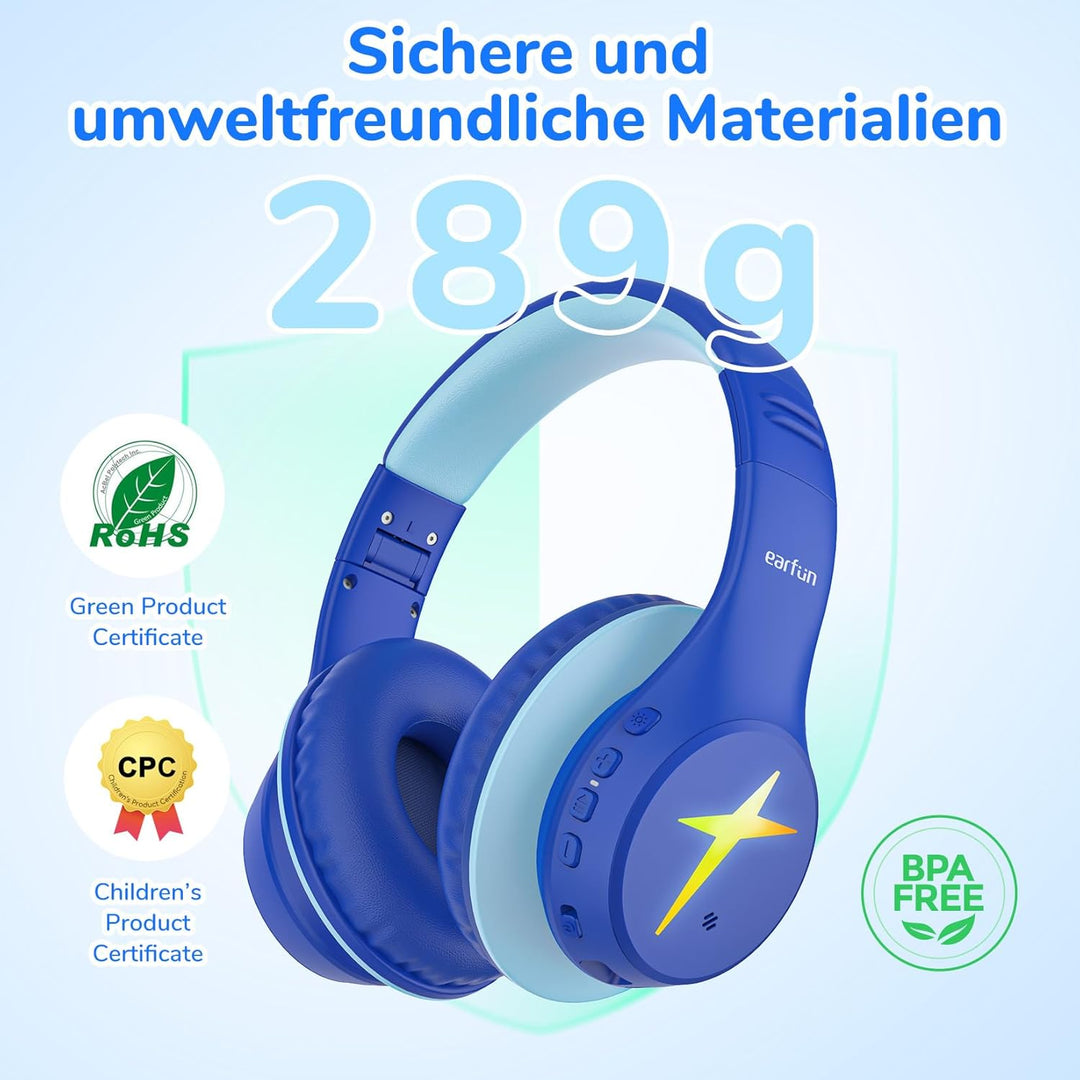 EarFun Bluetooth Kopfhörer Kinder, 5 LED-Beleuchtungsmodi, 74/85/94 dBA Lautstärkebegrenzung, 90 Std