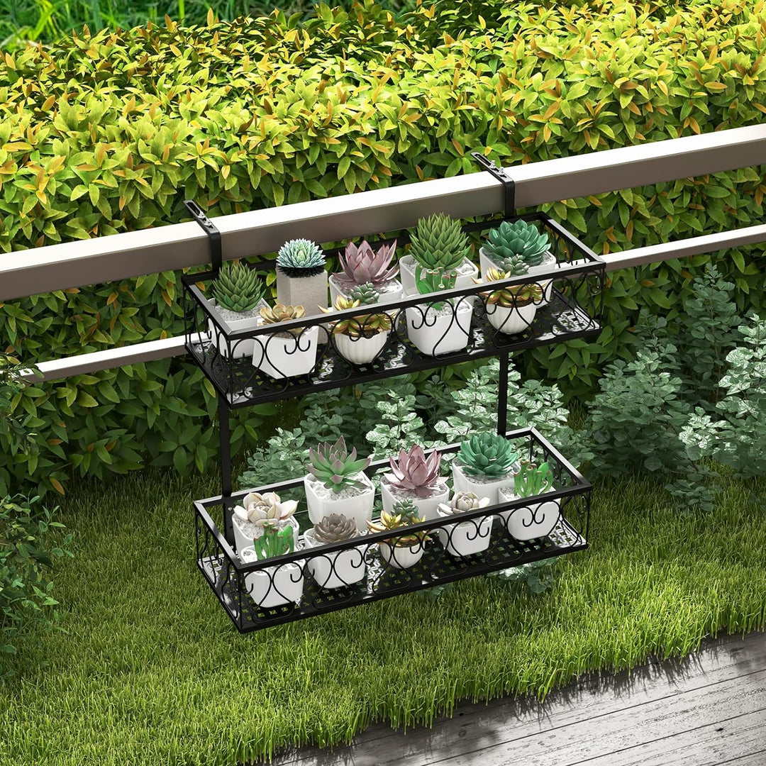 GOPLUS 2-stöckiges hängendes Blumenregal, Balkongeländerkorb Metall mit verstellbaren Haken, Blument