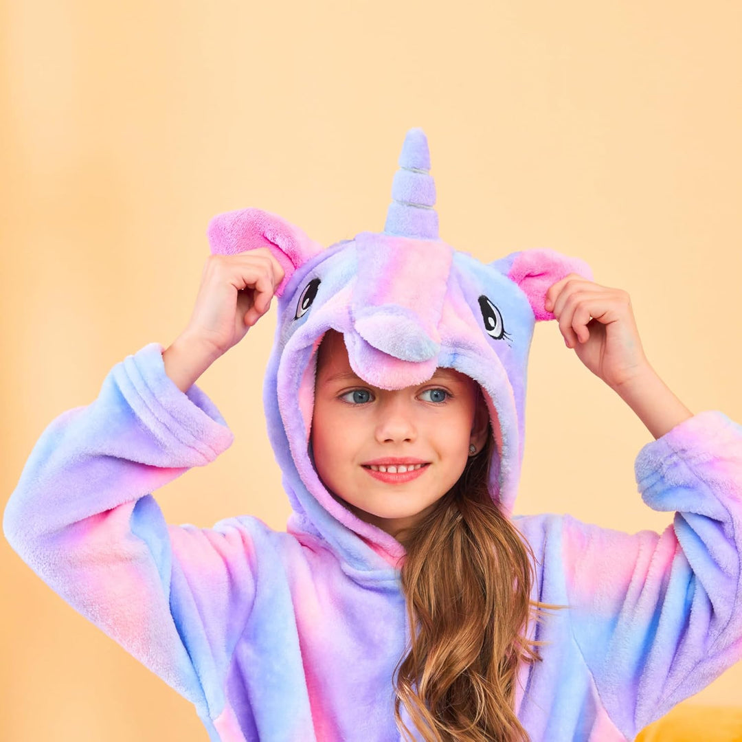 Ceruwum Einhorn Bademantel für Mädchen Weich Fleece Morgenmäntel mit Kapuze 3-4 Jahre Lila Streifen,