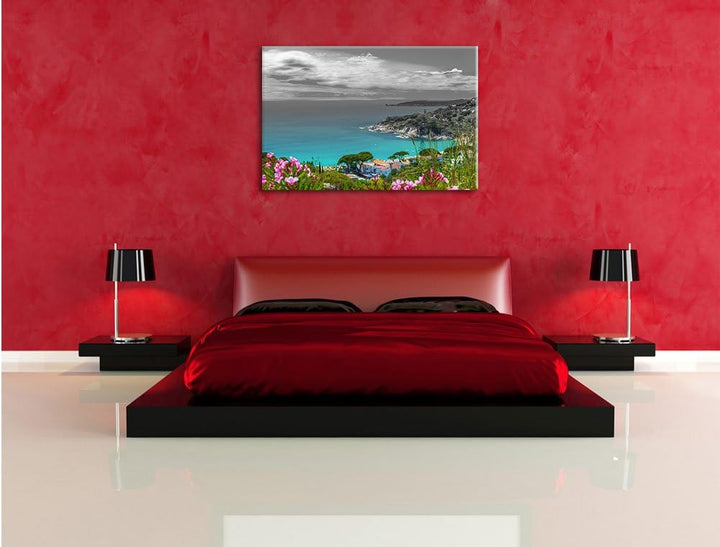 Pixxprint Panorama über die Küste Italiens an der Toskana B&W Detail, Format: 100x70 auf Leinwand, 1