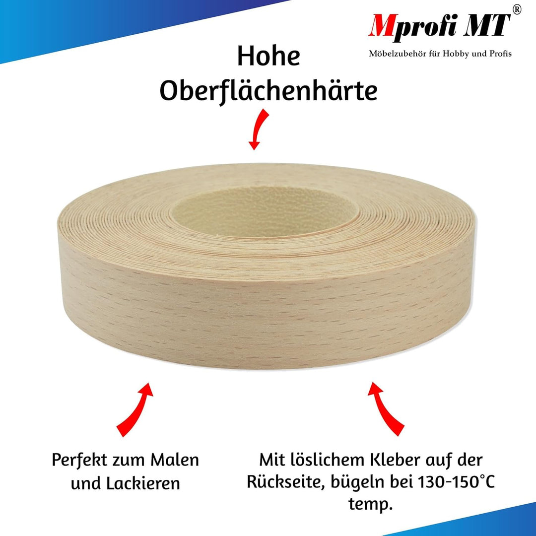 Mprofi MT® Kantenumleimer Buche | 22 mm x 5 m | Echtholz Furnier Kantenband | Bügelkantenumleimer fü