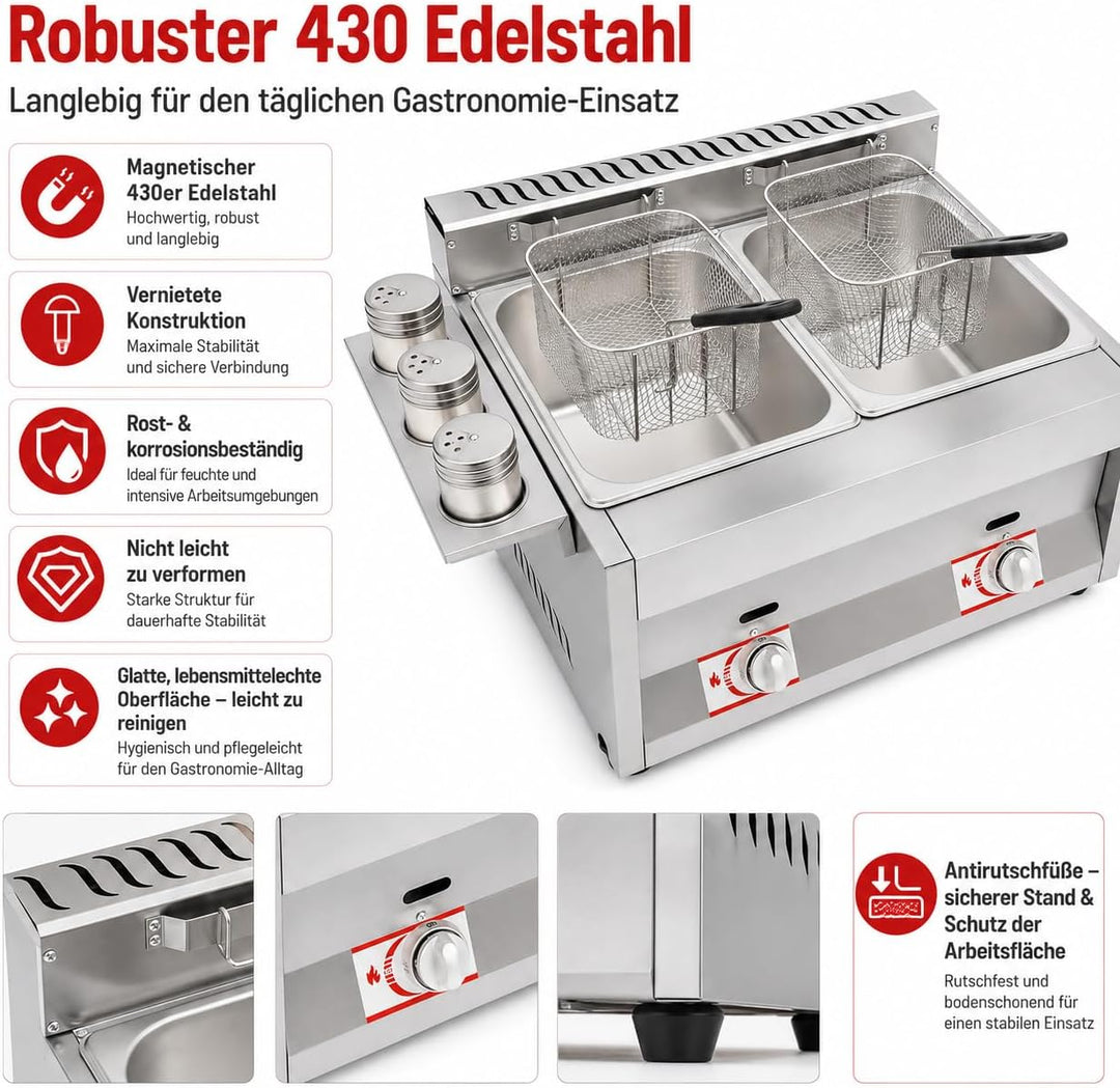 Gas Fritteuse, Doppeltank 2x6L, 50-380°C, Edelstahl, Gastronomie | 430 Edelstahl,genietet,LPG,Deckel