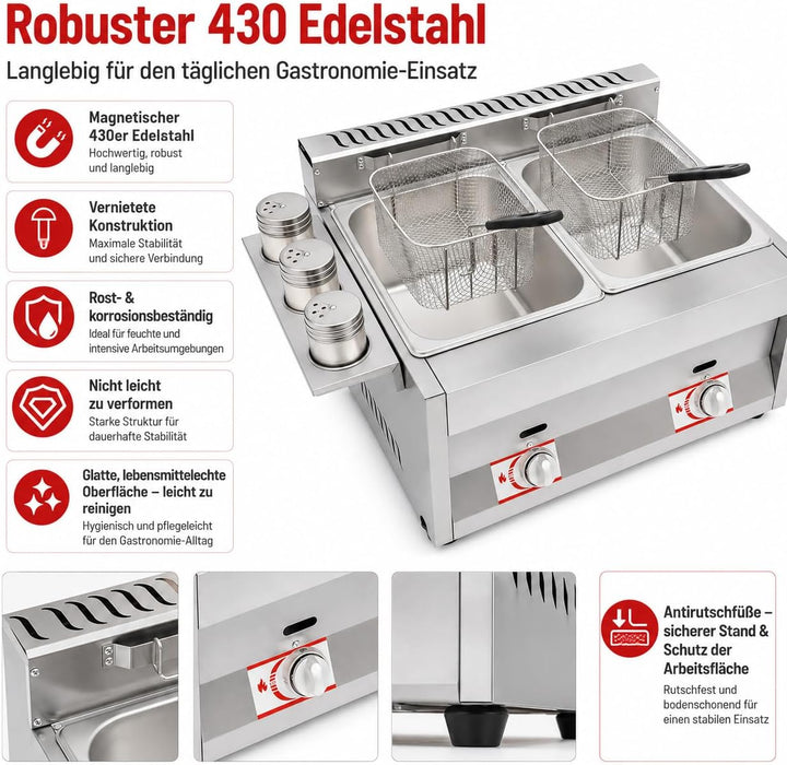 Gas Fritteuse, Doppeltank 2x6L, 50-380°C, Edelstahl, Gastronomie | 430 Edelstahl,genietet,LPG,Deckel