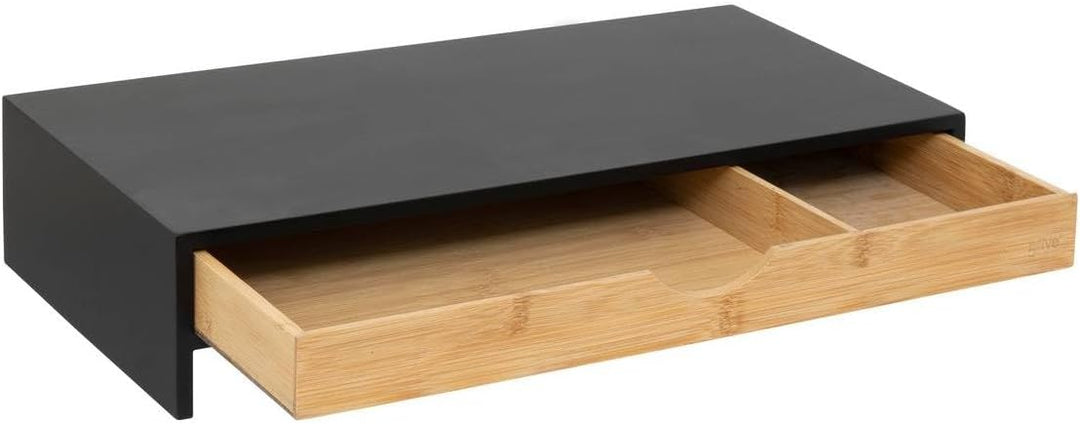5five – Bava Monitorständer aus Bambus – Schwarz, 47 x 25 x 10 cm, mit Schublade – Organizer für Bür