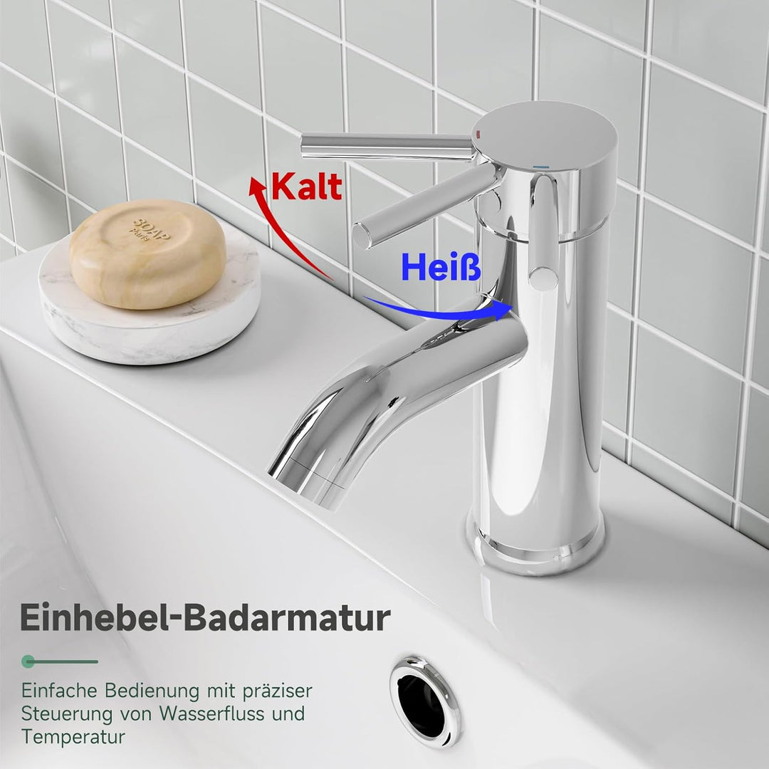 Waschtischarmatur Chrom, Wasserhahn Bad Einlochmontage, Messing Einhebelmischer Waschbecken Warm- un