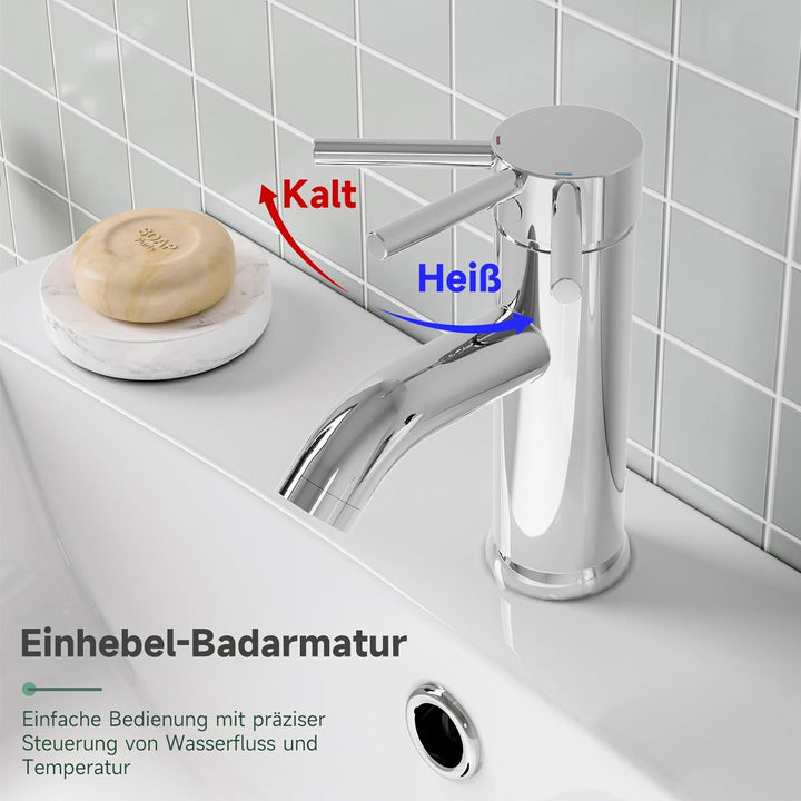 Waschtischarmatur Chrom, Wasserhahn Bad Einlochmontage, Messing Einhebelmischer Waschbecken Warm- un