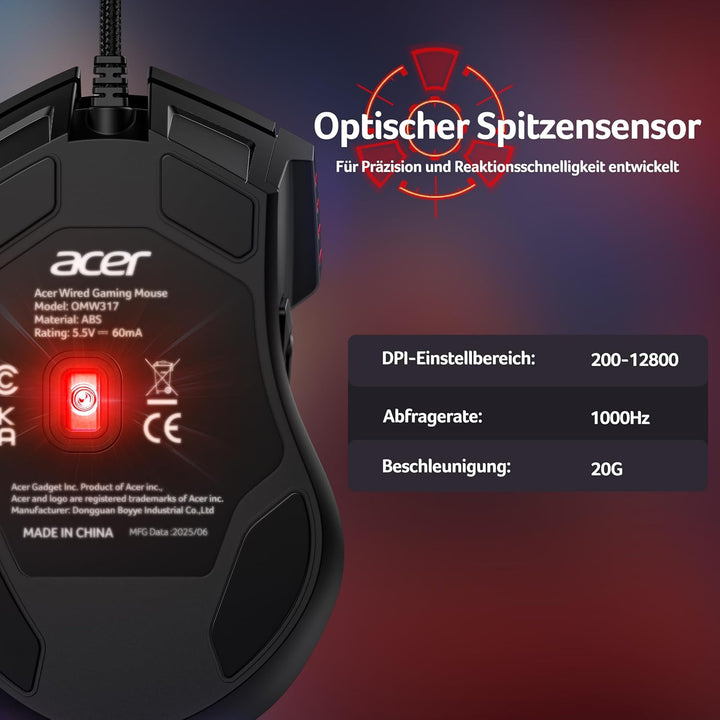 acer Gaming Maus mit Kabel 12800 DPI, Wired Computer Mouse Gaming mit Treiber, 1000Hz Abfragerate un