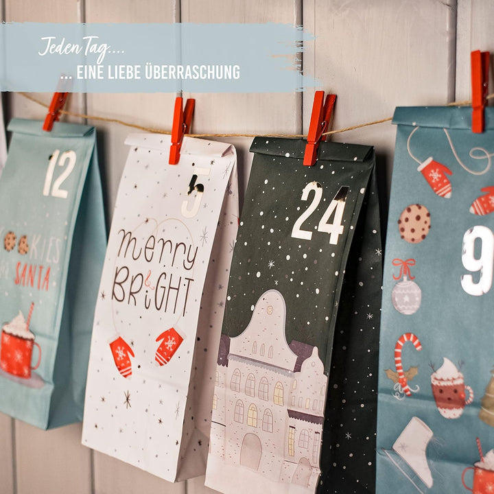 Papierdrachen Adventskalender 2025 zum Befüllen - 24 Papiertüten in Blau mit Zahlenaufklebern & Klam