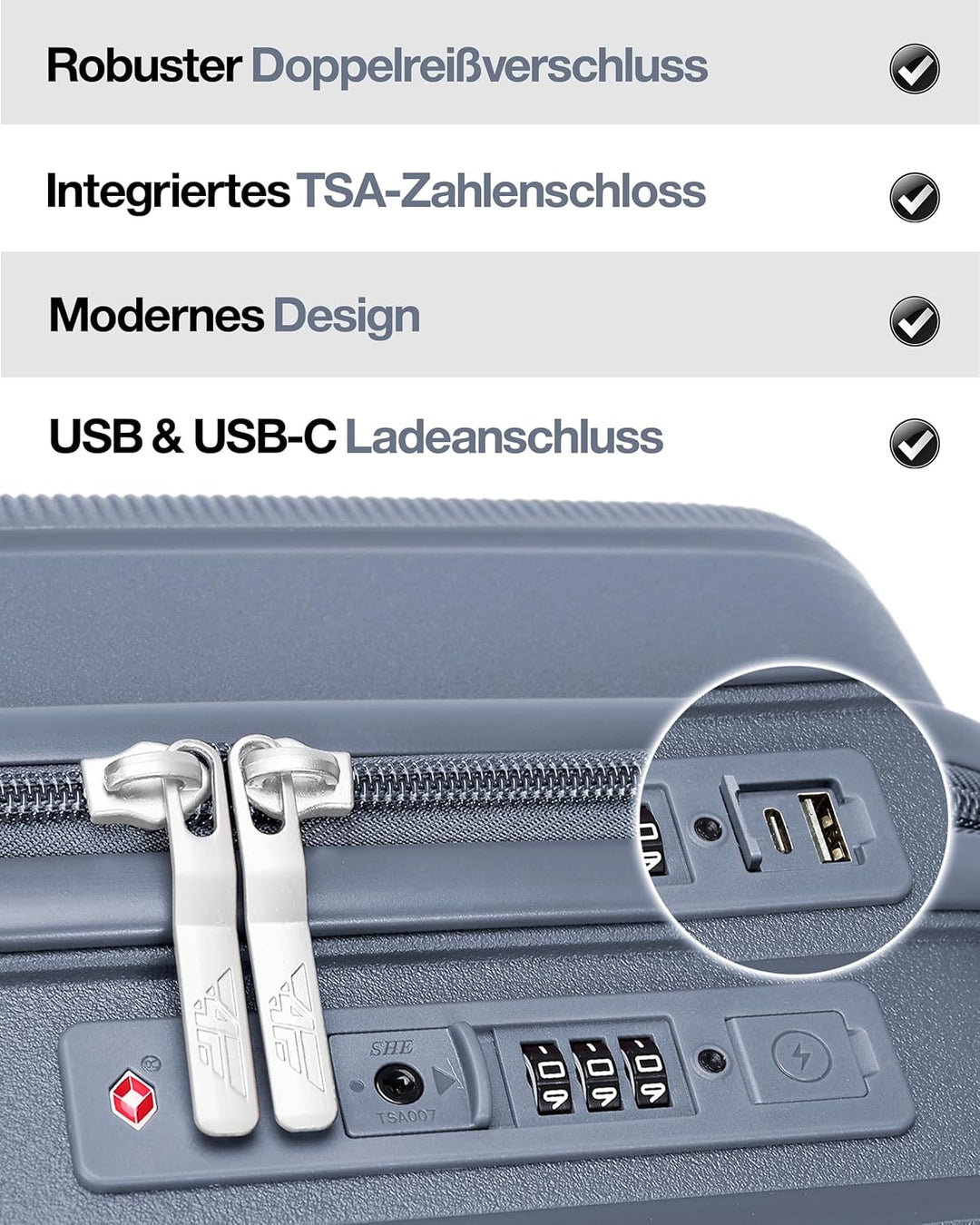 Leichter Hartschalen-Handgepäckkoffer M – 55×37×20 cm (35L), Kabinenkoffer mit TSA-Schloss, USB-Lade