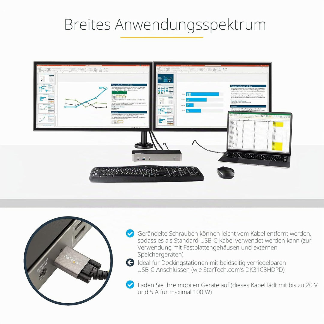 StarTech.com 1m USB-C Kabel mit Schraubensicherung 10Gbit/s - USB 3.1/3.2 Gen 2 Typ-C Kabel - 100W (
