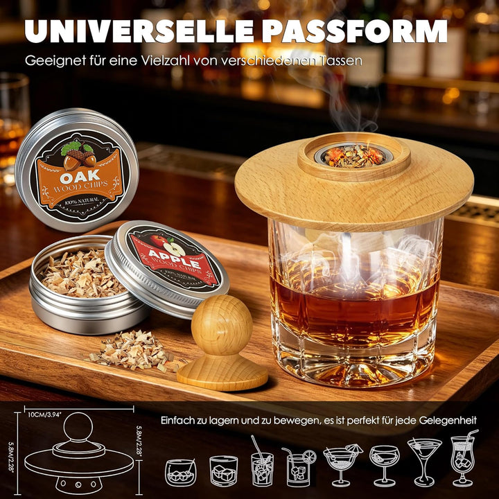 Whisky Räucher Set komplett mit Brenner und Holz-4 Geschmacksrichtungen, Cocktail Räucher Set mit Fl