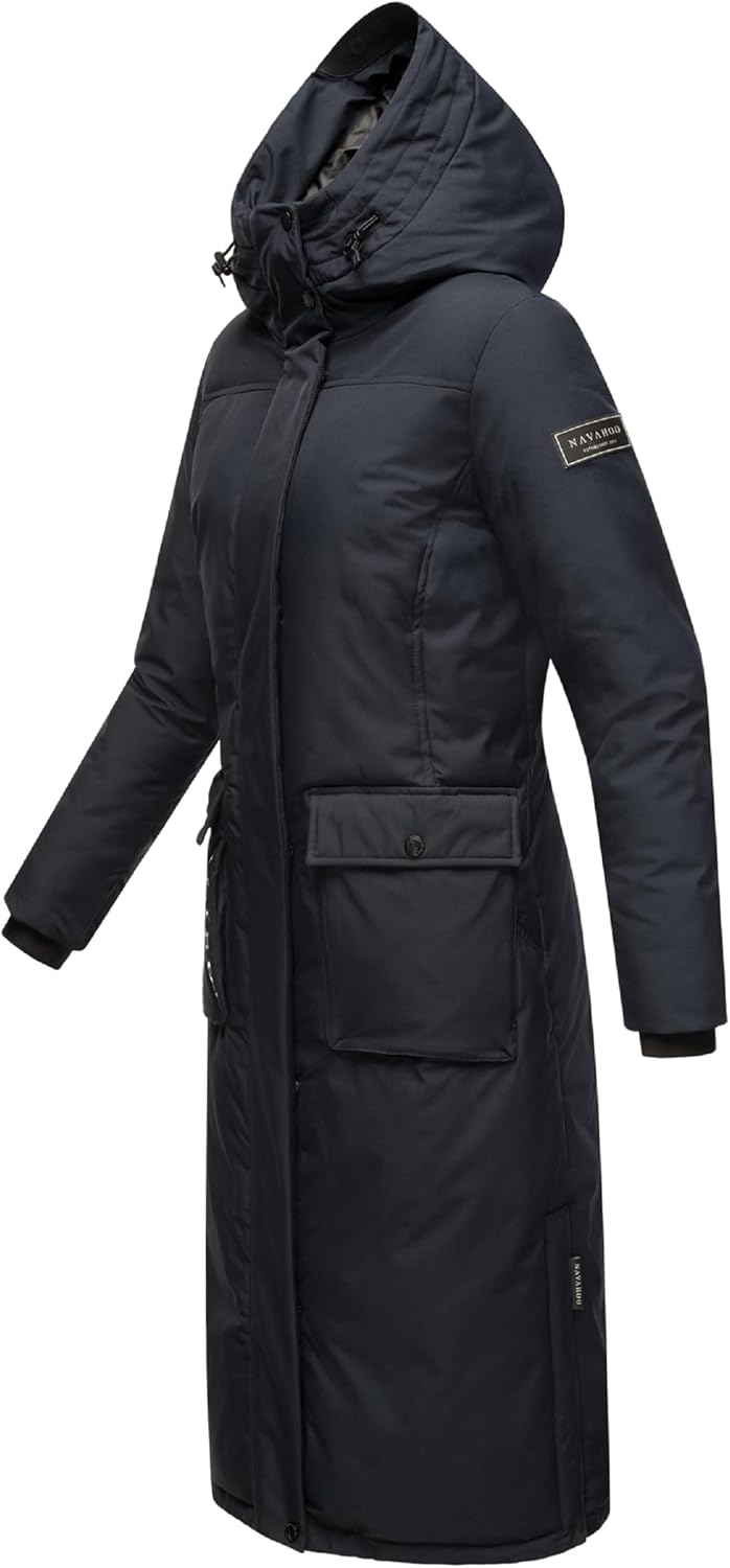Navahoo Damen Wintermantel Warmer Mantel extralang mit Kapuze Wolkenfrost XIV XS-XXL L Navy, L Navy