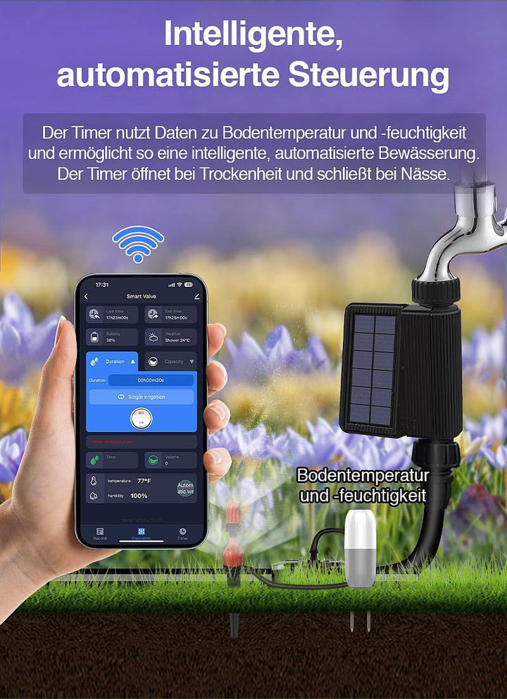 Royal Gardineer Solarbewässerungssysteme: 2er-Set WLAN-Bewässerungscomputer, Solarpanel, BT-Gateway,