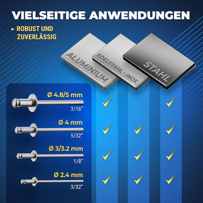 S&R Blindnietzangen-Set mit 60 Nieten: 2,4 mm, 3,0/3,2 mm, 4,0 mm, 4,8/5,0 mm Nietzange Set mit Zang