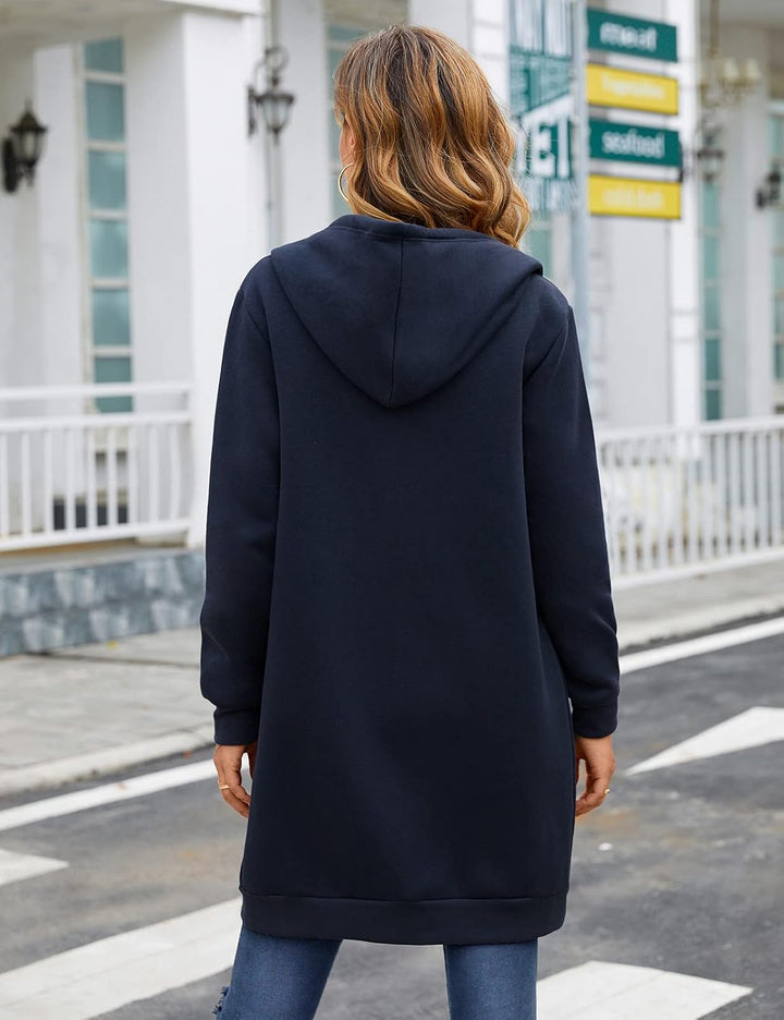 Damen Hoodie Fleecejacke Kapuzenjacke mit Zip Winterjacke Lang Sweatjacke Warme Plüschjacke Pullover