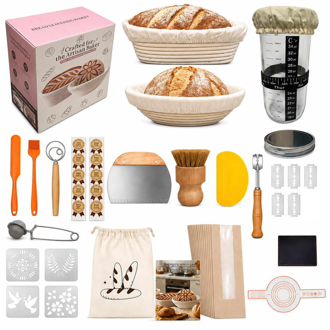 31 Stück Sauerteig Starter Set - Brotbackzubehör, Brot Backen Zubehör, mit 2 Gärkorb (25cm Ovale & 2