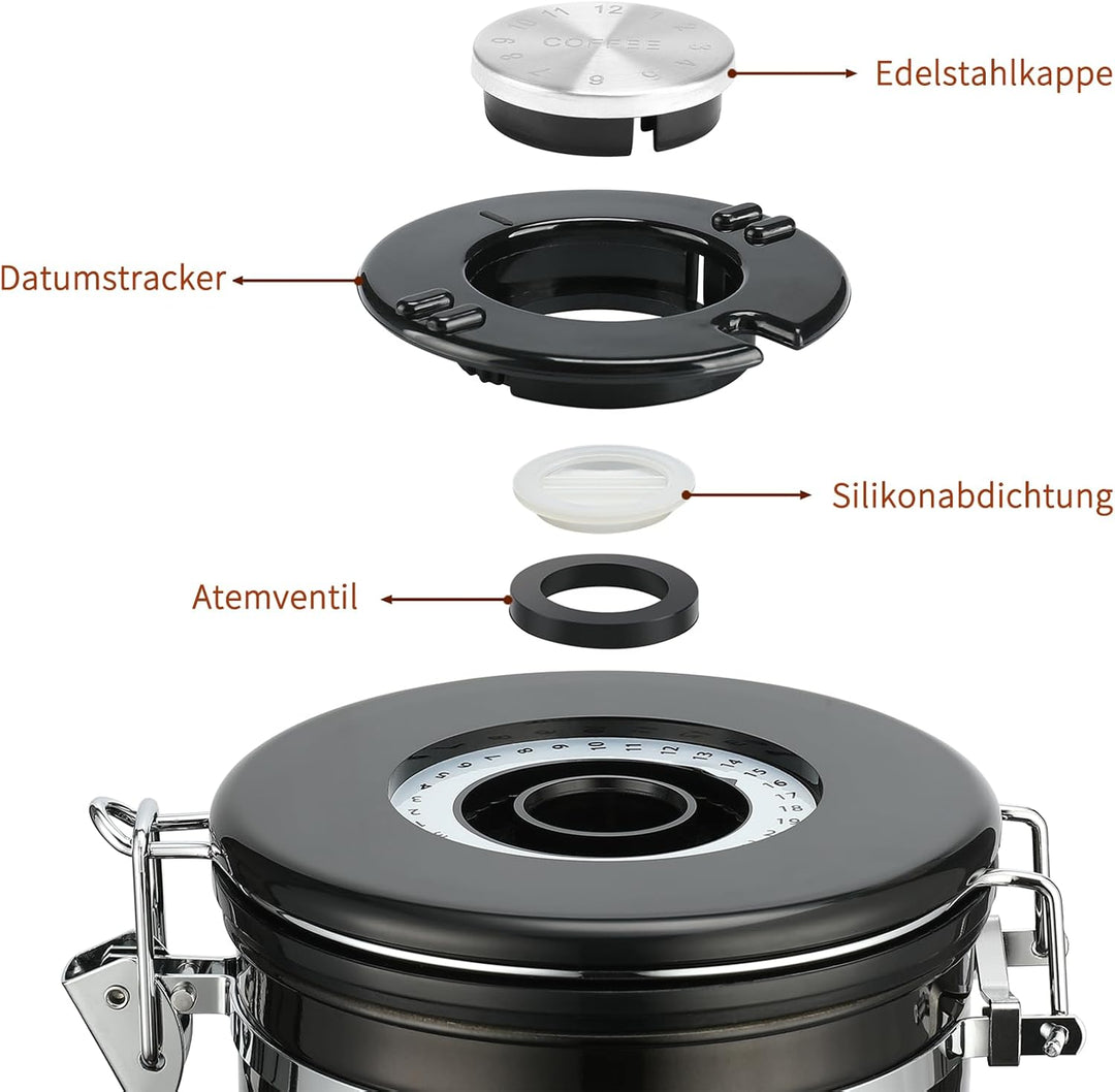 1500 ml luftdichter Edelstahl-Kaffeedose (600–800 g), Kaffeebehälter mit Datums-Tracker-Deckel Kupfe