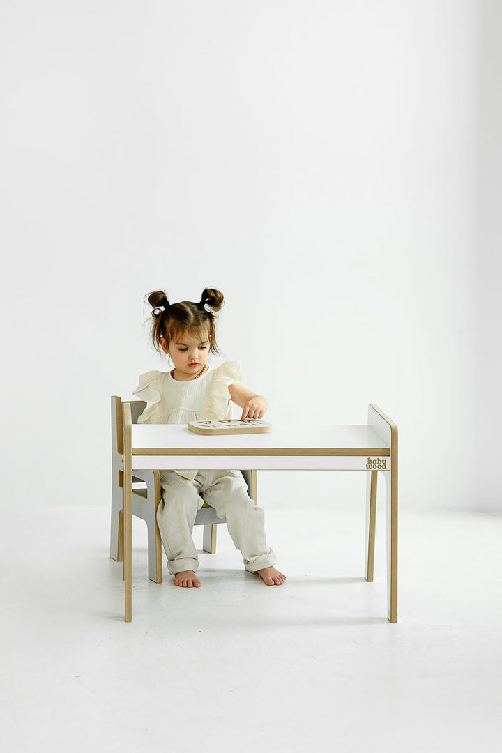 Babywood Tisch und Stuhl für Kinder, Kinderschreibtisch Set mit Stuhl aus Holz, sicherer Spieltisch