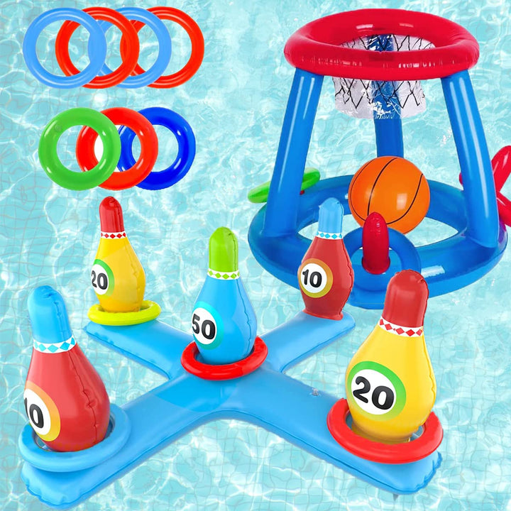 LAMOOER Aufblasbares Pool-Basketball-Spielzeug, Bowling-Kreuz-Wurf-Set, schwimmender Schwimmring und